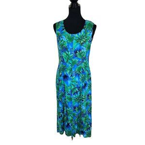 Vtg Womens Tropical Print Midi Dress Sleeveless Button Down Green Blue 1990s med